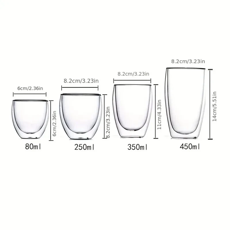 80/250/450ml Double-Wall Insulated Clear Glass Espresso Cups Perfect for Tea, Coffee, Latte, Cafe, Milk, Restaurant Use