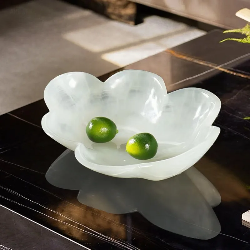 Light luxury natural jade hand-carved fruit plate, living room coffee table tray decoration, sales office soft handicraft