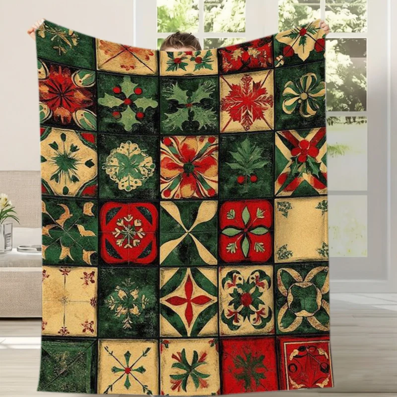 Christmas Plaid Snowflake Berry Patchwork Fleece Blanket For Festive Bedroom Decor Lightweight Plush Throw Blanket Accent