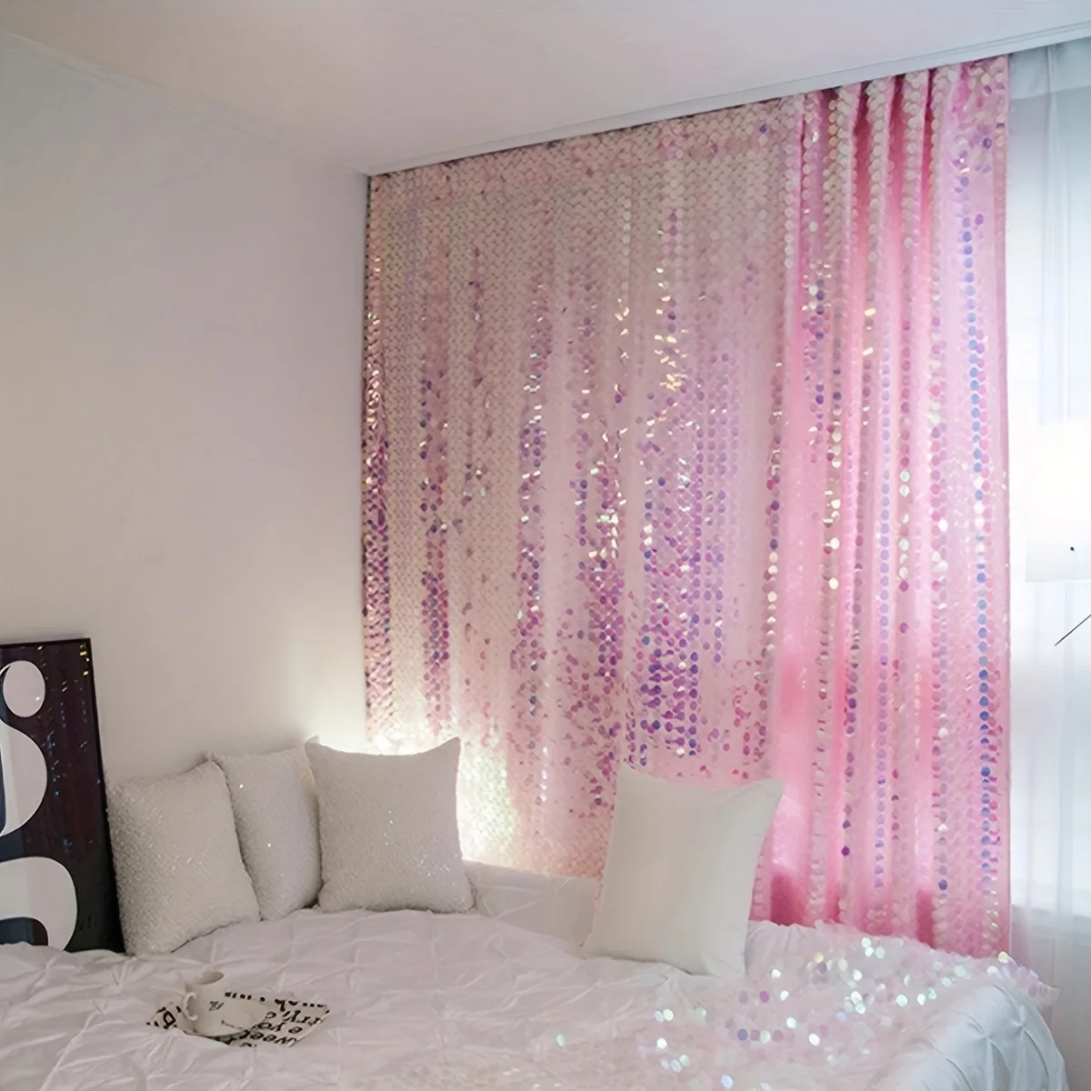 

1 Piece Set of Modern Fantasy Colorful Sequin Fish Scale Curtains Glitter Stage Curtain Wedding Background Cloth Environment Hanging Cloth Photo Live Broadcast Background Cloth Rod Flap Pocket Pants