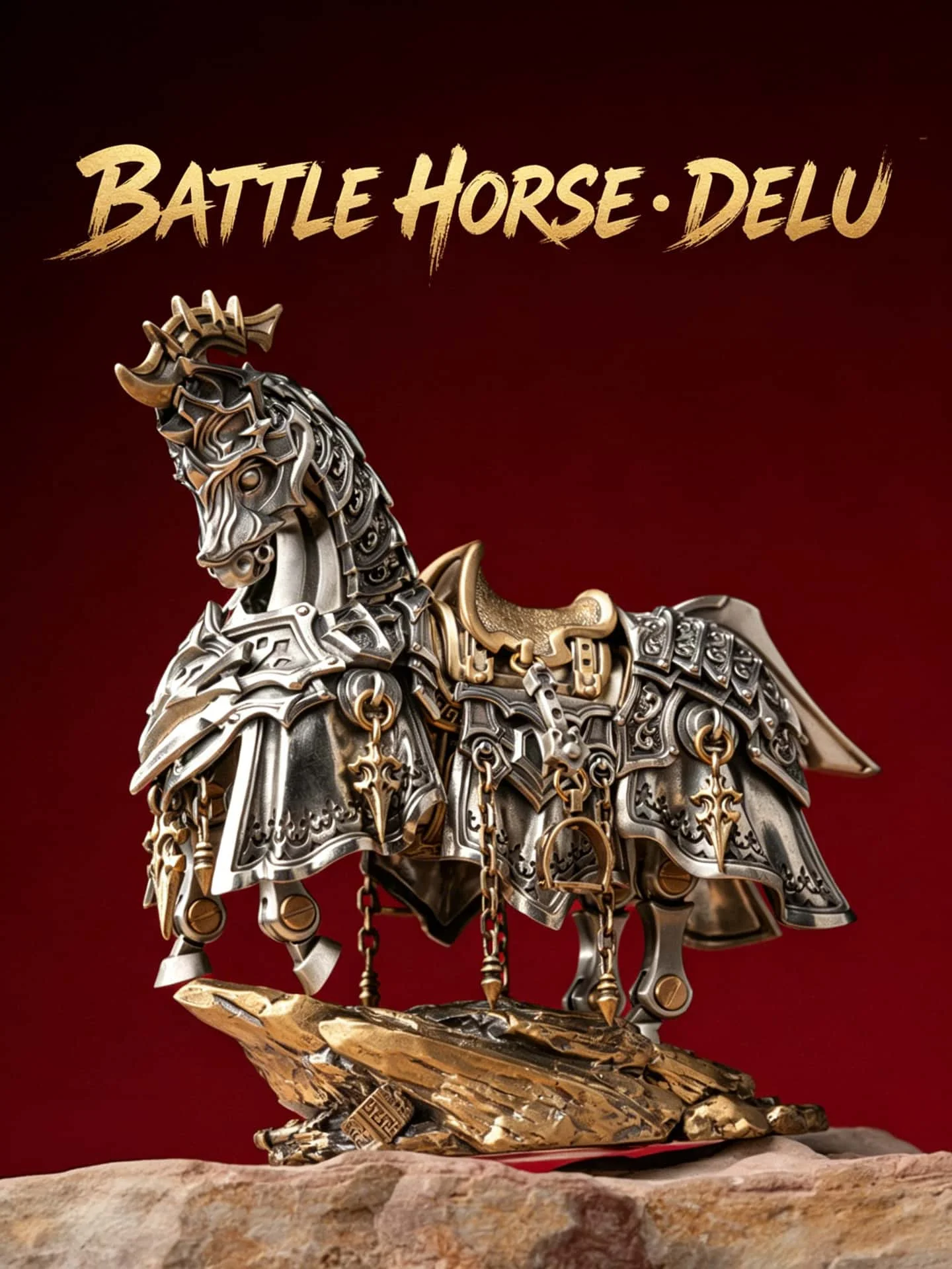 Adult Collectible Delu Battle Horse Statue, Metal Armored Warhorse Figurine with Chains, Desk Art Decor