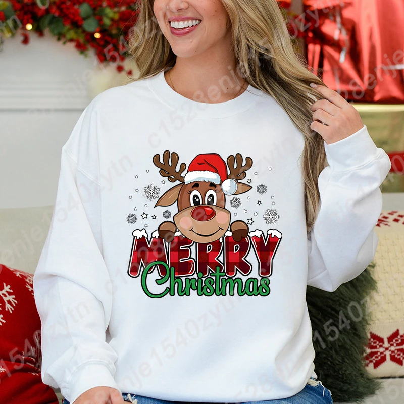 Women\'s Festive Christmas Reindeer & Plaid Graphic Sweatshirt, Casual Loose Fit, Long Sleeve, Crew Neck Sweatshirts for Winter