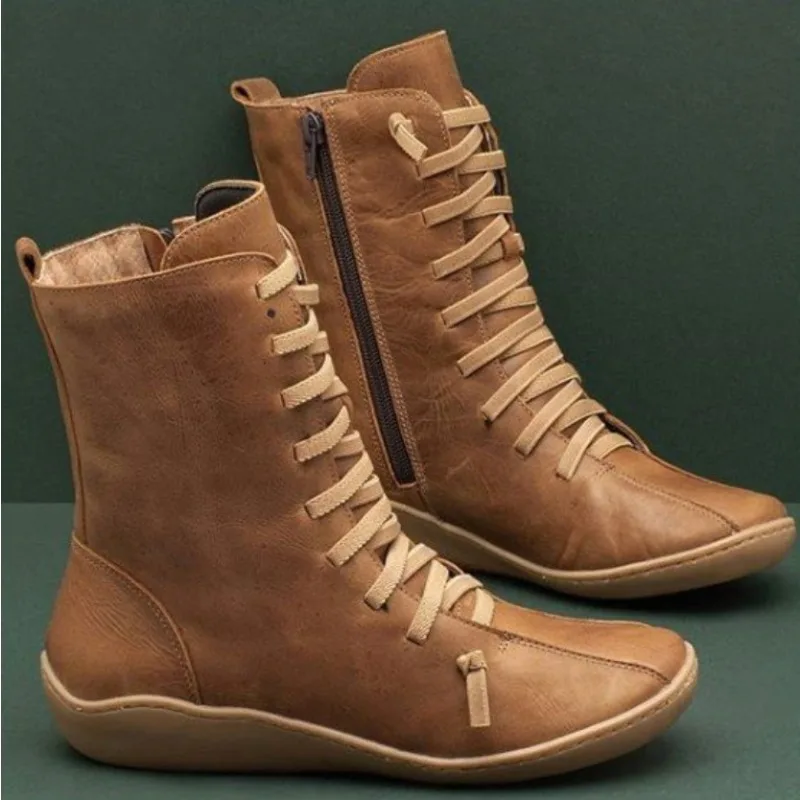 Women's Natural Leather Casual Mid-Calf Boots Comfortable Soft Flat Heel Women Shoes 35-43 Black Lace-up Side Zipper Work Boots