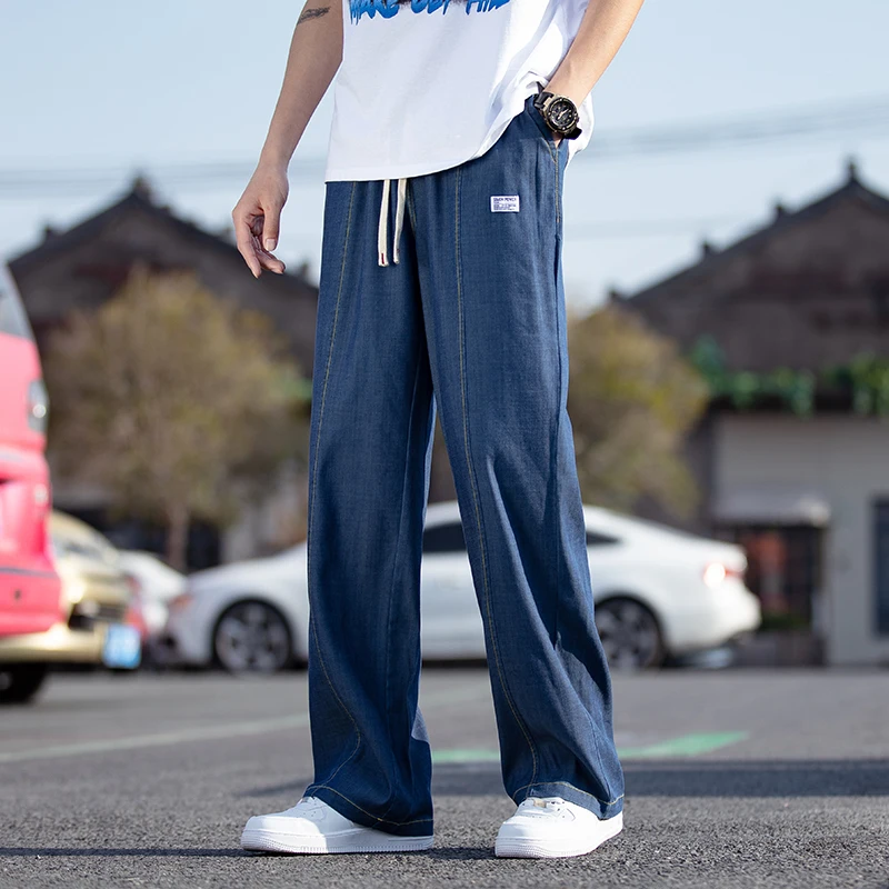 

Deep Blue Ice Silk Men's Jeans Loose Straight Leg Long Pants Summer Trendy Brand Retro Wide Leg Pants Casual Straight Fit