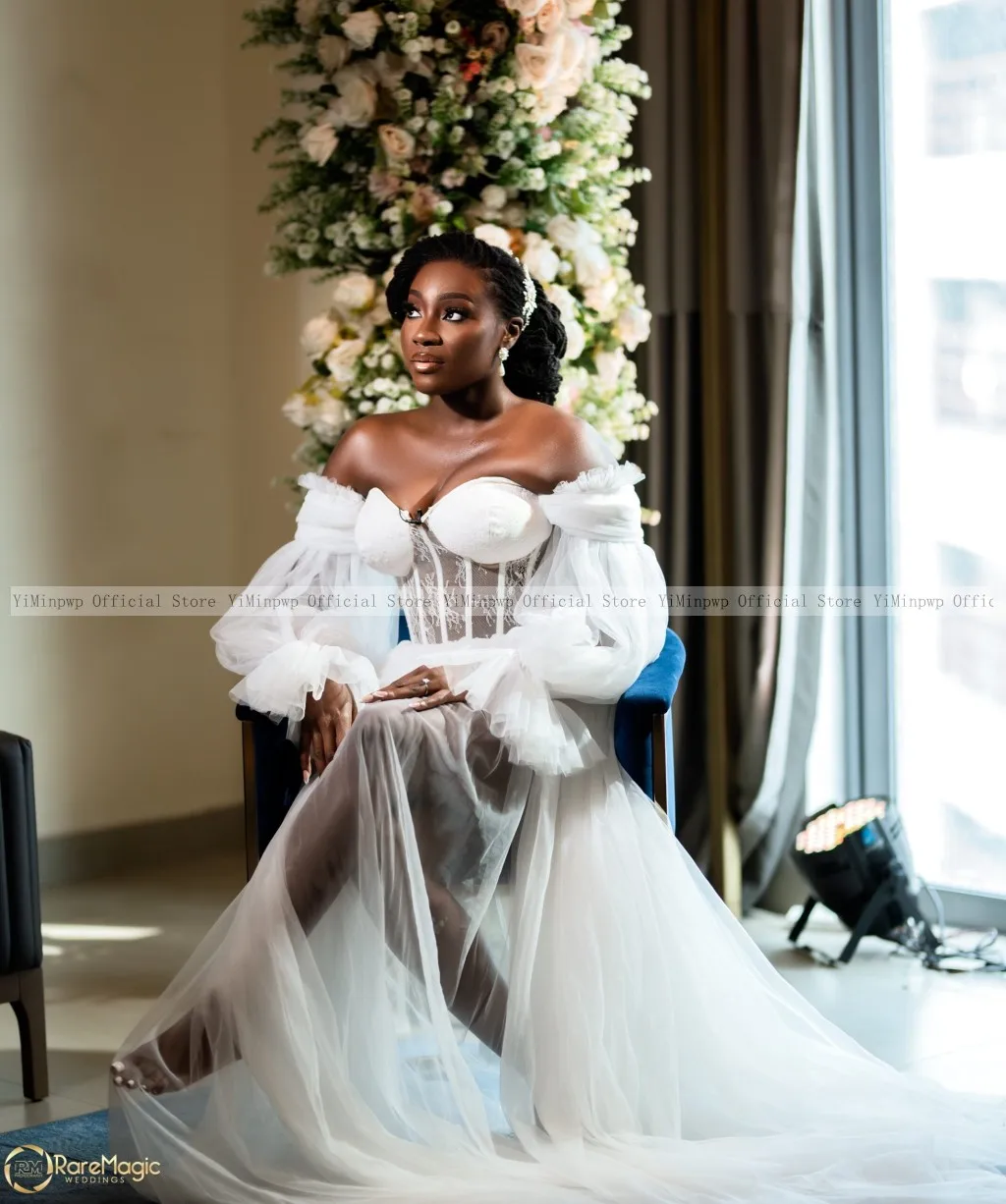 White Bride Robes for Wedding Tulle Lace Bridal Shower Dresses Off Shoulder Long Sleeve Side Split Sweep Train A Line Customized
