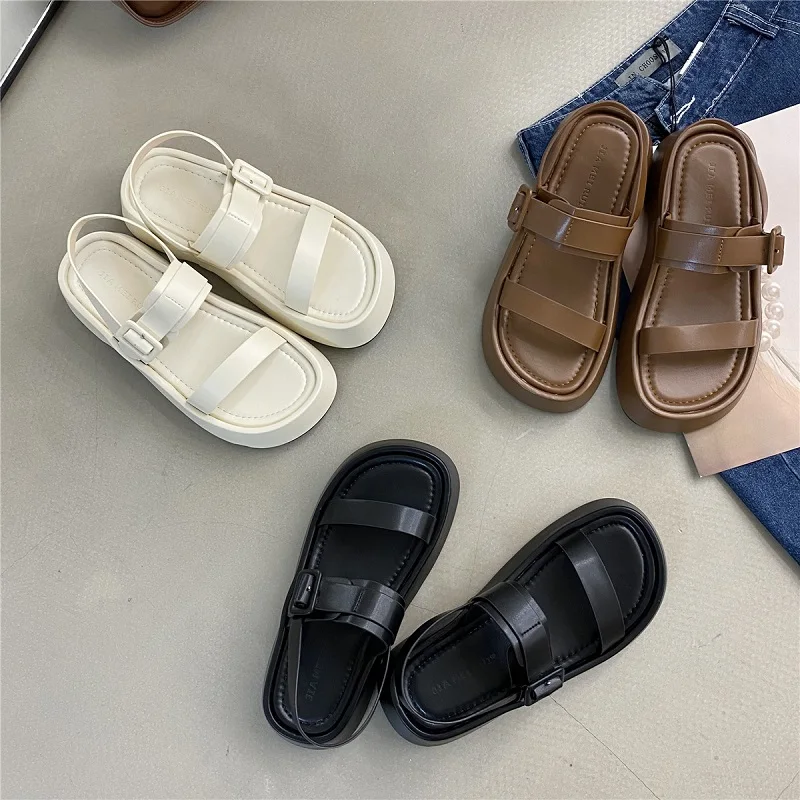 Low Sandals Woman Leather Shoes 2023 Muffins shoe Buckle Clogs With Heel Suit Female Beige Low-heeled New Summer Sandalias Mujer