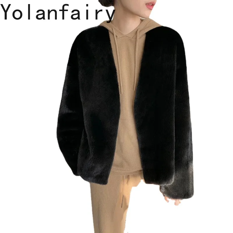 2023 Winter New Women's Coat Loose and Slim Imitation Mink Coats for Women Elegant V-neck Short Faux Fur Jacket Jaqueta Preta FC