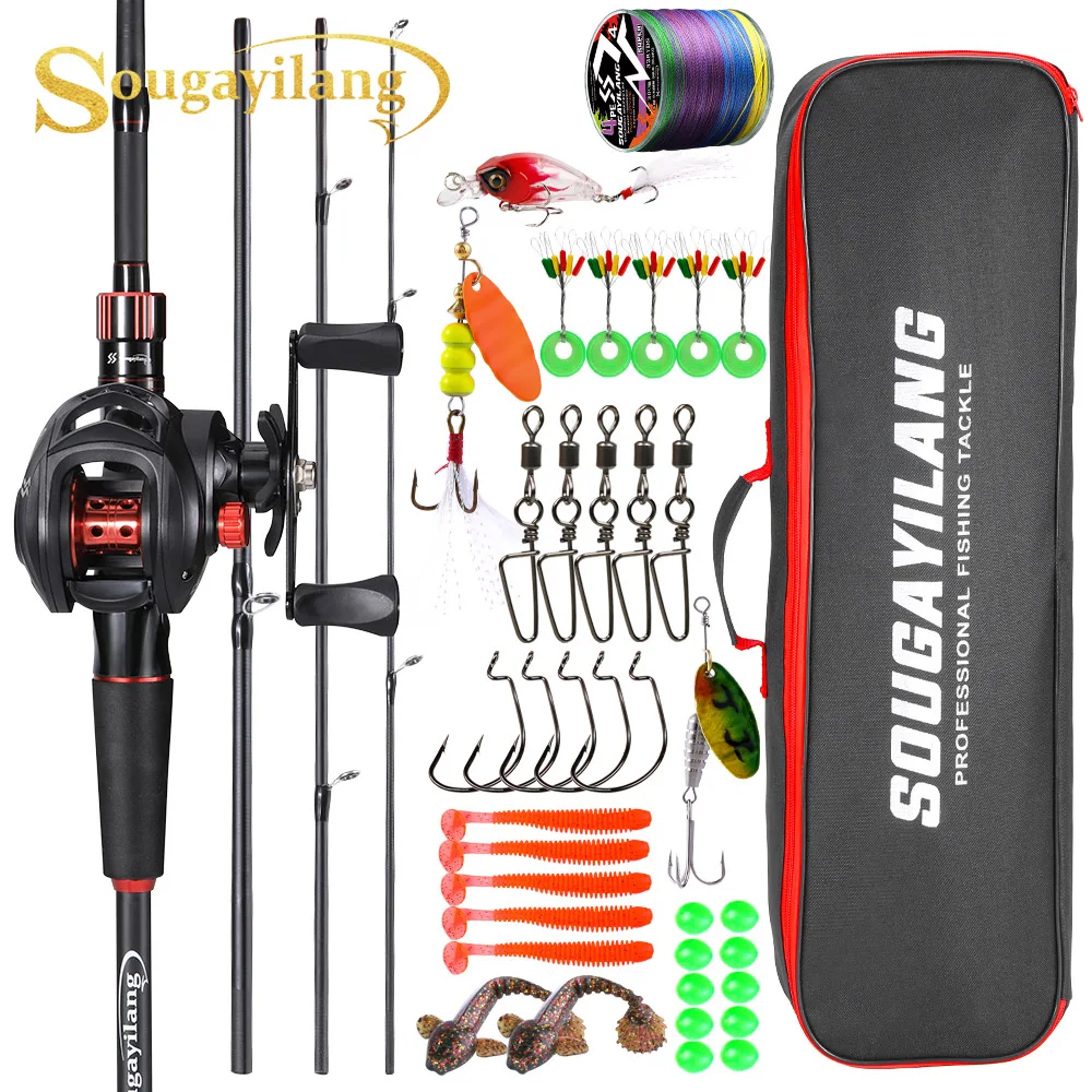Sougayilang 1,8-2,1 m Baitcastingrolle, Kohlefaser-Ruten-Set, 7,2:1 Hochgeschwindigkeitsrolle mit verschiedenen Ködern für Süßwasserangeln, Pesca