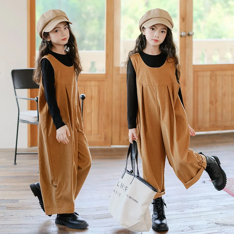 

Autumn Winter Children Girl Thicken 2PCS Clothes Set School Girl Bottoming Shirt+Corduroy Wide-leg Pants Overall Set For Girls