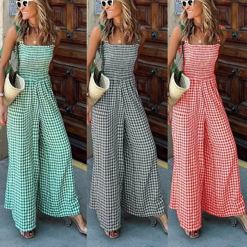 Sommer-Damenbekleidung Lässige Jumpsuits für Frauen Bequemer Polyester-Langjumpsuit mit Karomuster Mittlere Taillenhöhe Passform