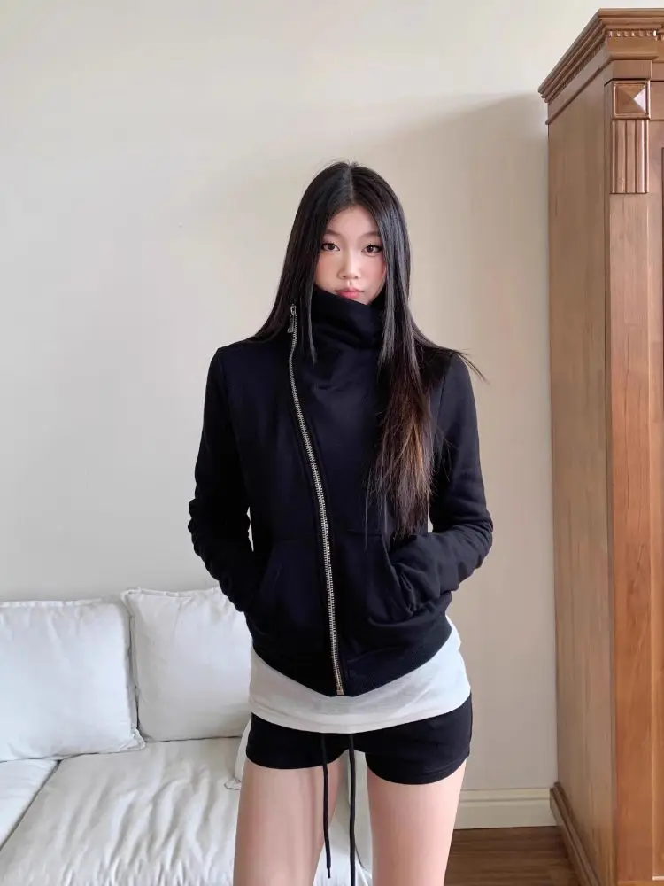 

Korejpaa American Style Black Hooded Jacket Women Autumn Short Jackets Long Sleeved Top Streetwear Casual Slim Coat Femme