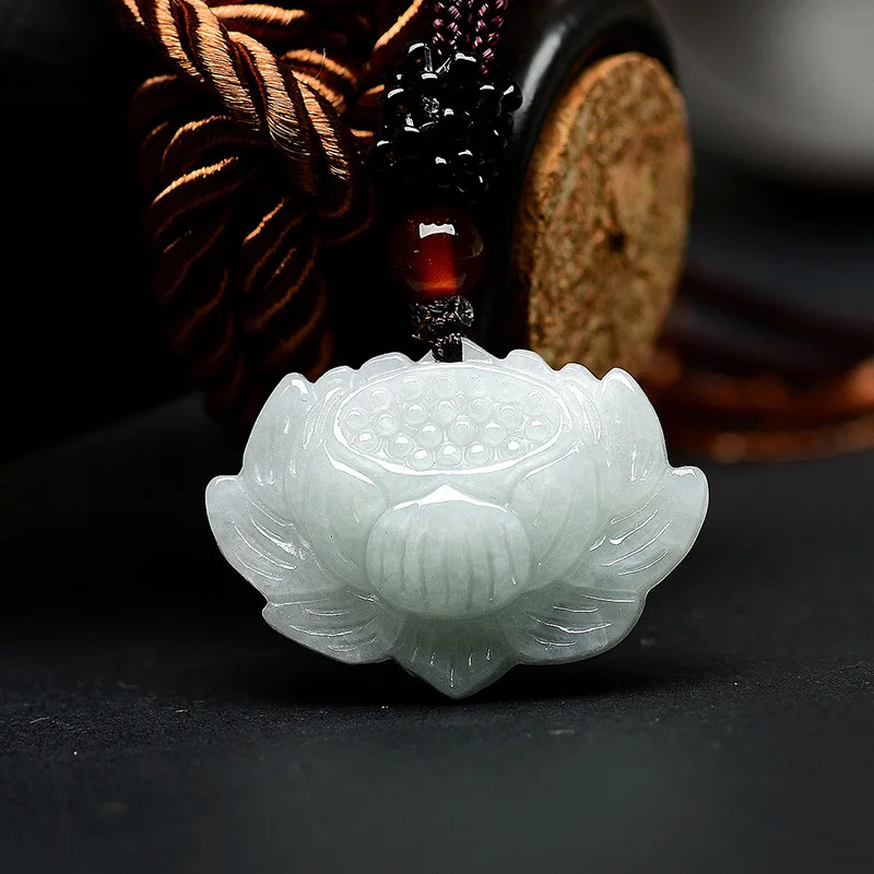 

Jia Le/ 100% Hand Carved / Natural Burmese Jade Ice Lotus Necklace Pendant Fashion Personalized Couple Jewelry Accessories Gift