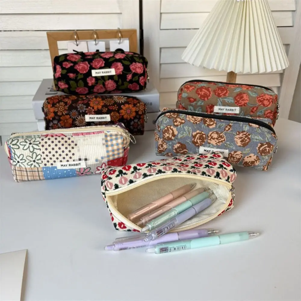 Portable Floral Print Pen Bag Large Capacity Multifunctional Pencil Case Corduroy Cosmetics Storage Bags School Office Supplies