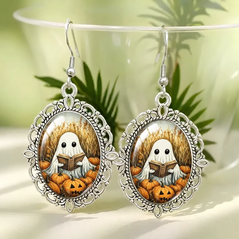 Gothic-Oval-Ohrringe mit Geistermotiv, die ein Buch lesen, Kuppelglas-Ohrringe für Damen, Kürbis-Halloween-Schmuck, Geschenkidee ﻿