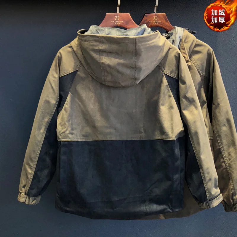 

New autumn and winter men's versatile jacket with velvet lining, fashionable and casual hooded outdoor workwear coat