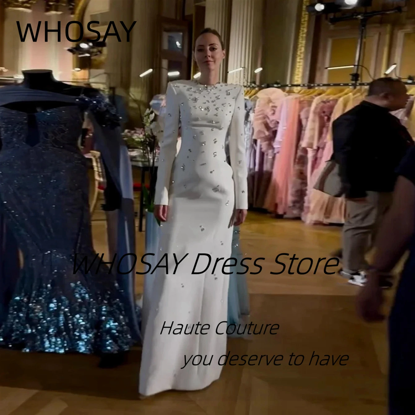 WHOSAY Elegant Women Wear O-Neck Evening Dresses Handmade Beaded Prom Party Dress Zipper Back Vestidos Des Noches