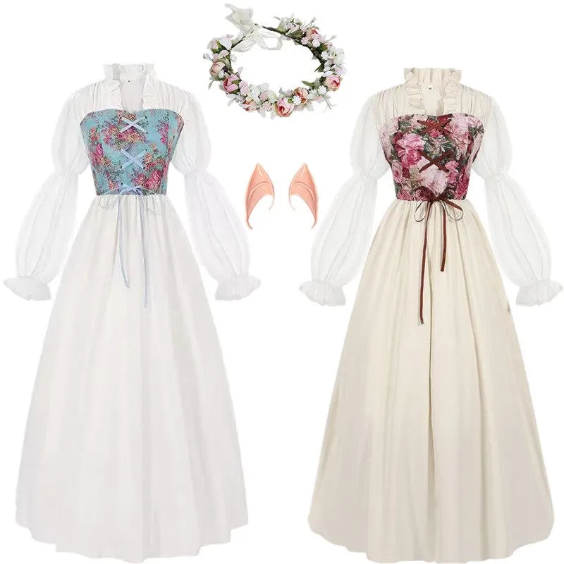 

Elegant Floral Waist-Cinched Dress Medieval Costume Halloween Elf Fairy Artistic Retro Style Women's Traditional Ethnic Stage...
