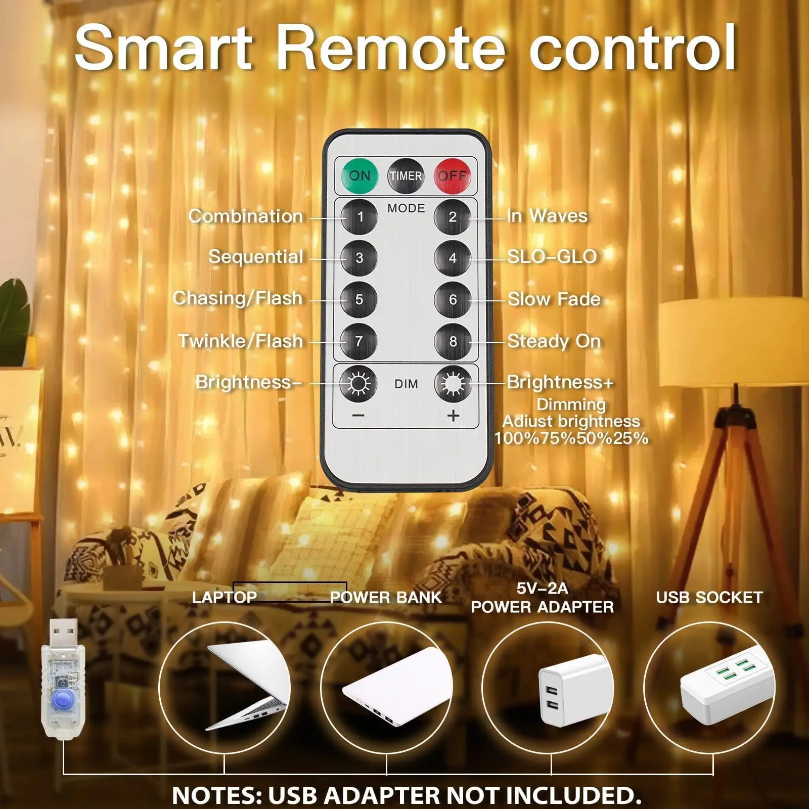 1PC  3M*3M  8 Lighting Modes Fairy Copper Light With Remote Colorful Window Curtain String Lights, USB Powered Waterproof For New Year Christmas Bedroom Party, Wedding Home Garden Wall Decorations view 7