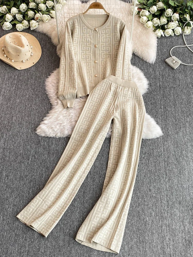 French Vintage Sweater Suits Female Long Sleeve Cardigan+ Elastic Long Pants Fashion Winter Office Lady Knitted Sets