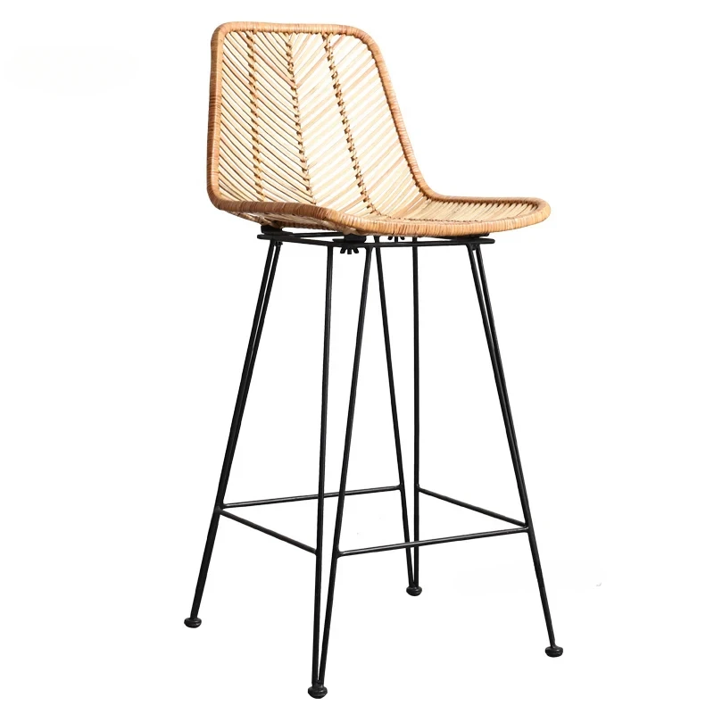 

Japanese Rattan Bar Chairs Kitchen Furniture High Bar Stool Wrought Iron Bar Chair Home Retro Leisure Creative Hotel