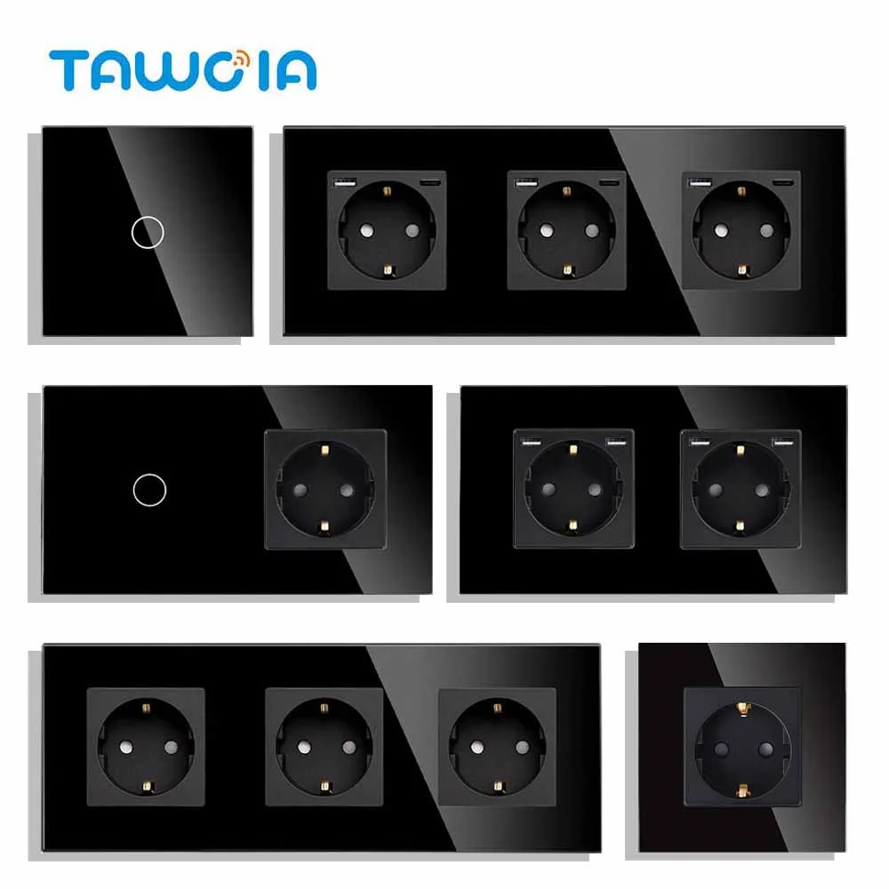 

TAWOIA Touch Light Switch With EU USB Wall Sockets Black Glass Wall Led Switches 1/2/3Gang 1Way Dark Blue Backlight Wall Switch
