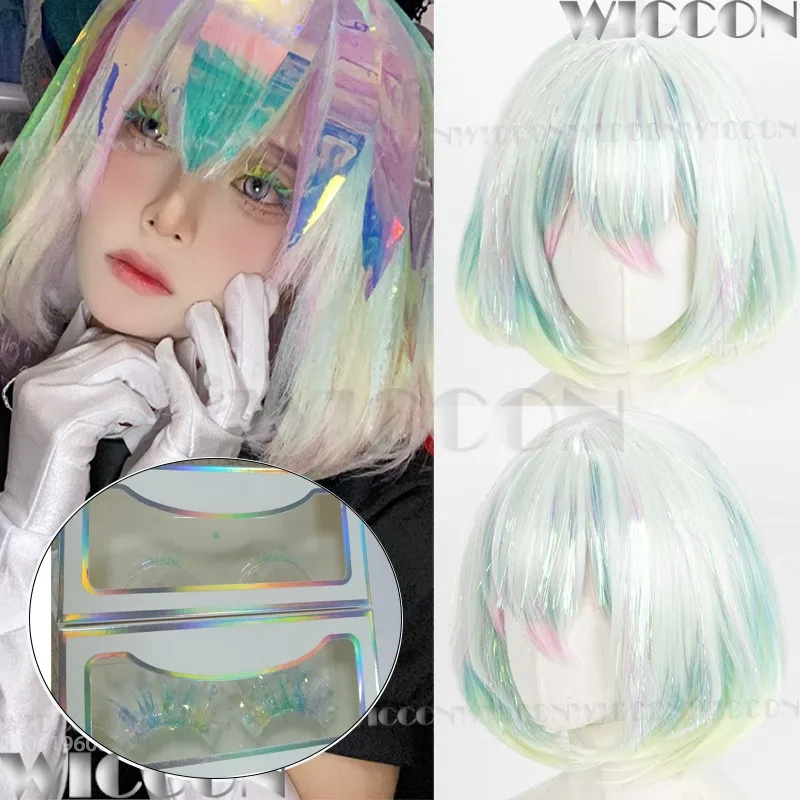 Image of Diamond Anime Land of the Lustrous Cosplay Glänzende Requisite Schillernde Bob-Cut-Perücke Laserfarbene Wimpern Damen Cosplay Halloween Maßanfertigung