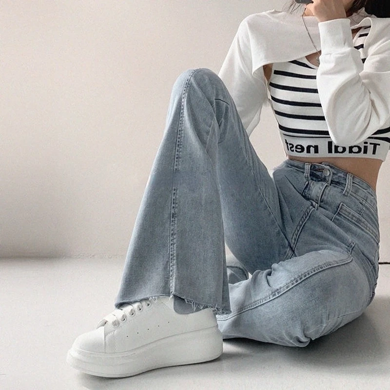 Womens Jeans with Pockets Trousers Flare Woman Pants Slim Fit Skinny Blue Bell Bottom Flared Korean Style Wide Leg Spring New In