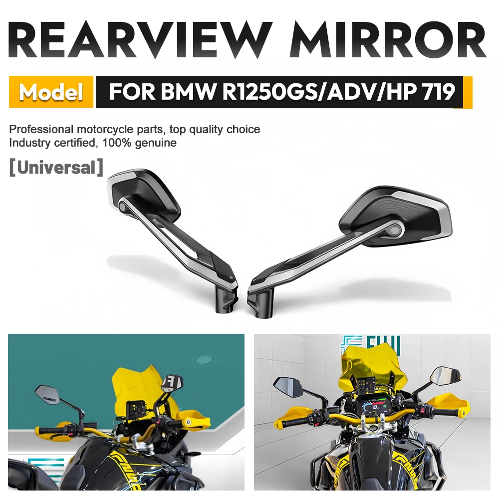 Side mirrors for BMW R1300GS, R1200GS, LC, R1250GS, ADVENTURE, C400X, C400GT, S1000R, S1000XR, F900R, and F900XR motorcycles.