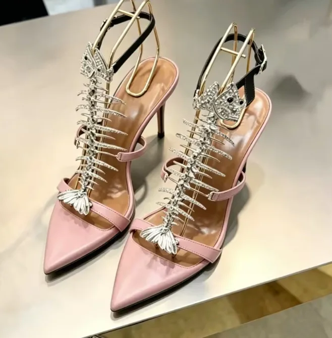 Bling Rhinestone Fish Bone Pointed Toe Fashion Lady Summer Sandals Stiletto High Heels Buckle Strap Design Large Size Shoes view 3