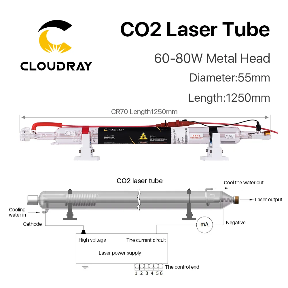 Clodray Co2 Metal Head Laser Tube CR70 60-80W Dia.55mm 1250mm Length Laser Source for 10.6um Co2 Laser Engraving Machine