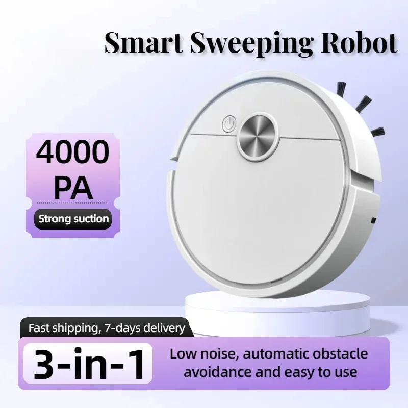 3- in-1 Smart Sweeping Robot 4000 Pa Vacuum Cleaner Strong Suction Easy to Use Suitable for Hard Floors Pet Hair Carpets