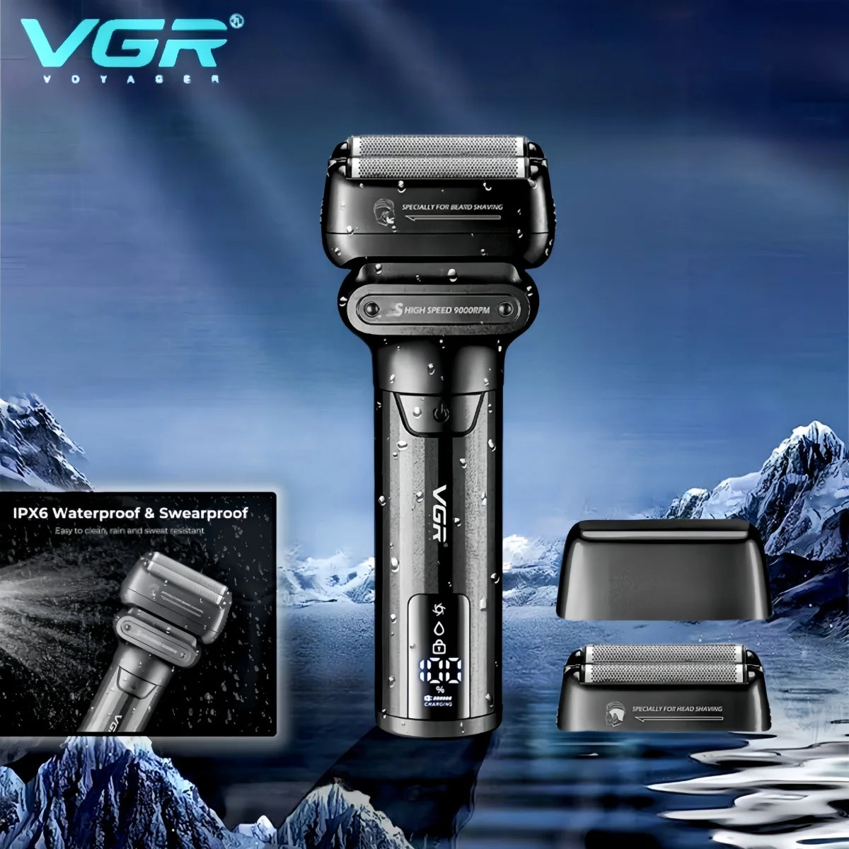 VGR Face Shaver Professional 0MM Foil Shaver 9000 RPM Shaving Beard Machine Electric Reciprocating Shaving Machine for Men V-368