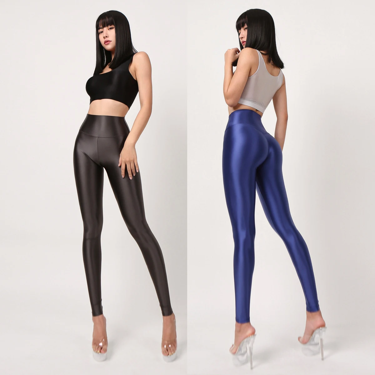 Women's Satin Glossy High Waist Cargo Pants Sexy Silk Yoga Sports Leggings Opaque Fitness Tights Lady's Leggings Stockings