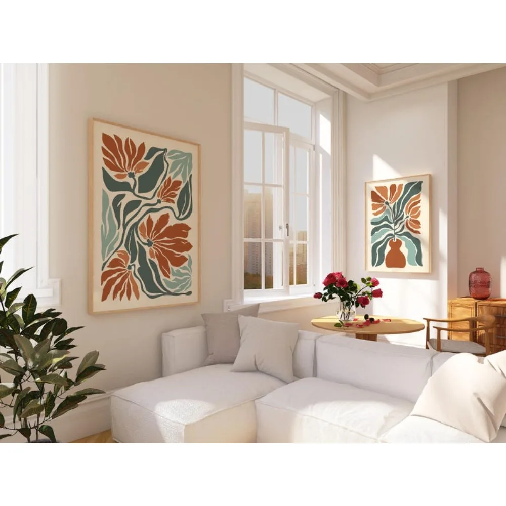 2 Frameless Flower Market Prints,Bohemian Flower,Bedroom Wall Decor,Living Room Wall,Exhibition Mid-century Modern Art Prints