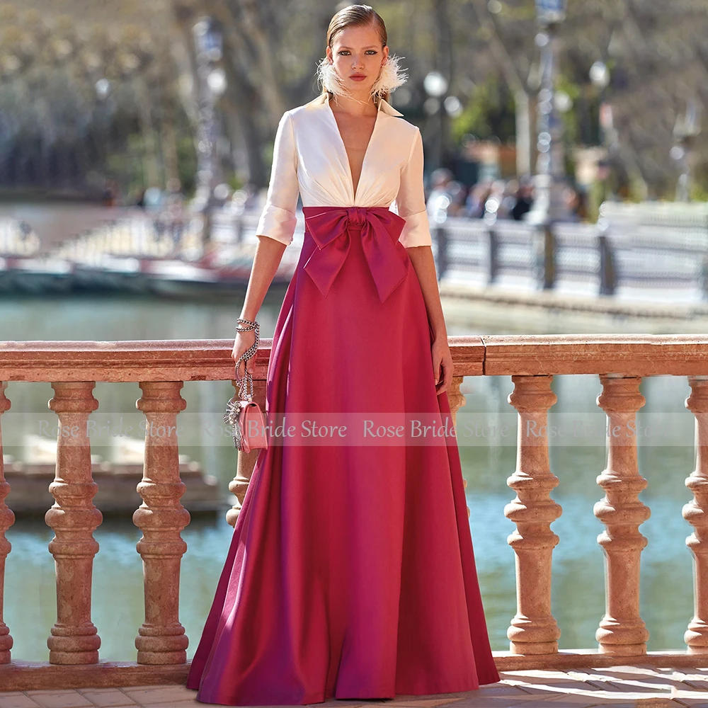 Vestido de fiesta de boda color borgoña marfil, escote en V profundo, media manga, vestidos de noche formales para mujer, largo hasta el suelo, vestido de fiesta de satén