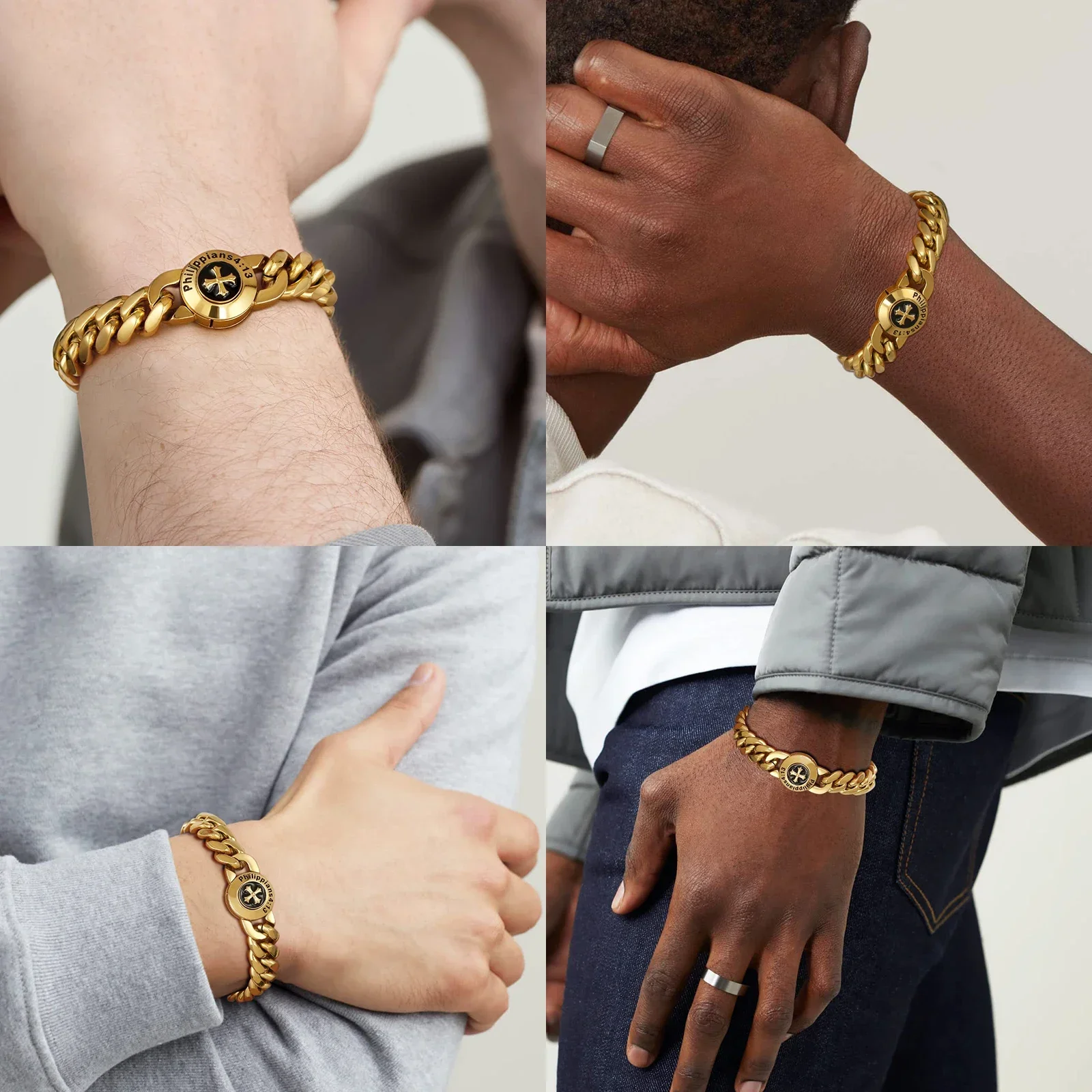 12mm Chunky Wristband Cross Miami Hip Hop 18K Gold Plated Chain Wrist Bracelets Women Stainless Steel Cuban Link Bracelet Men