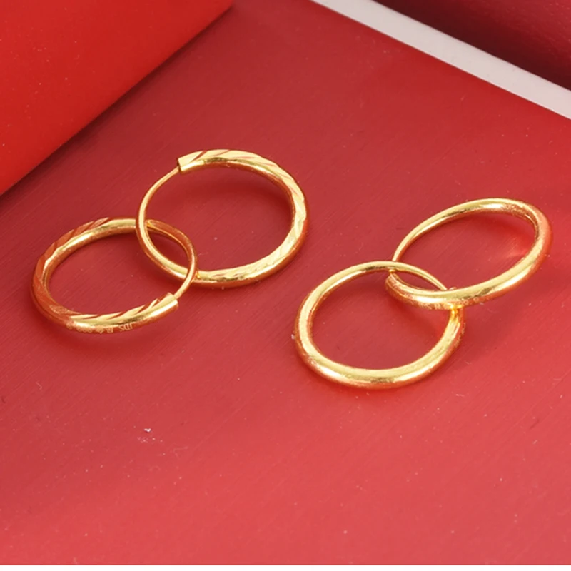 999 24K Yellow Gold Earrings For Women Real Gold Carved Line Circle Wedding Gold Earrings One Pair Jewelry