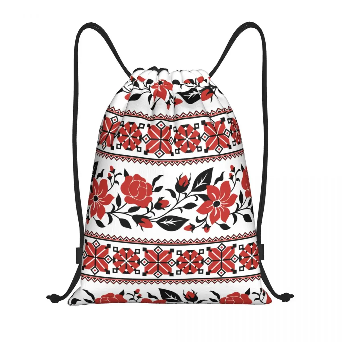 Custom Print With Red Rose And Mallow Ukrainian Traditional Embroidery Drawstring Bags for  Backpacks Vyshyvanka Gym Sackpack