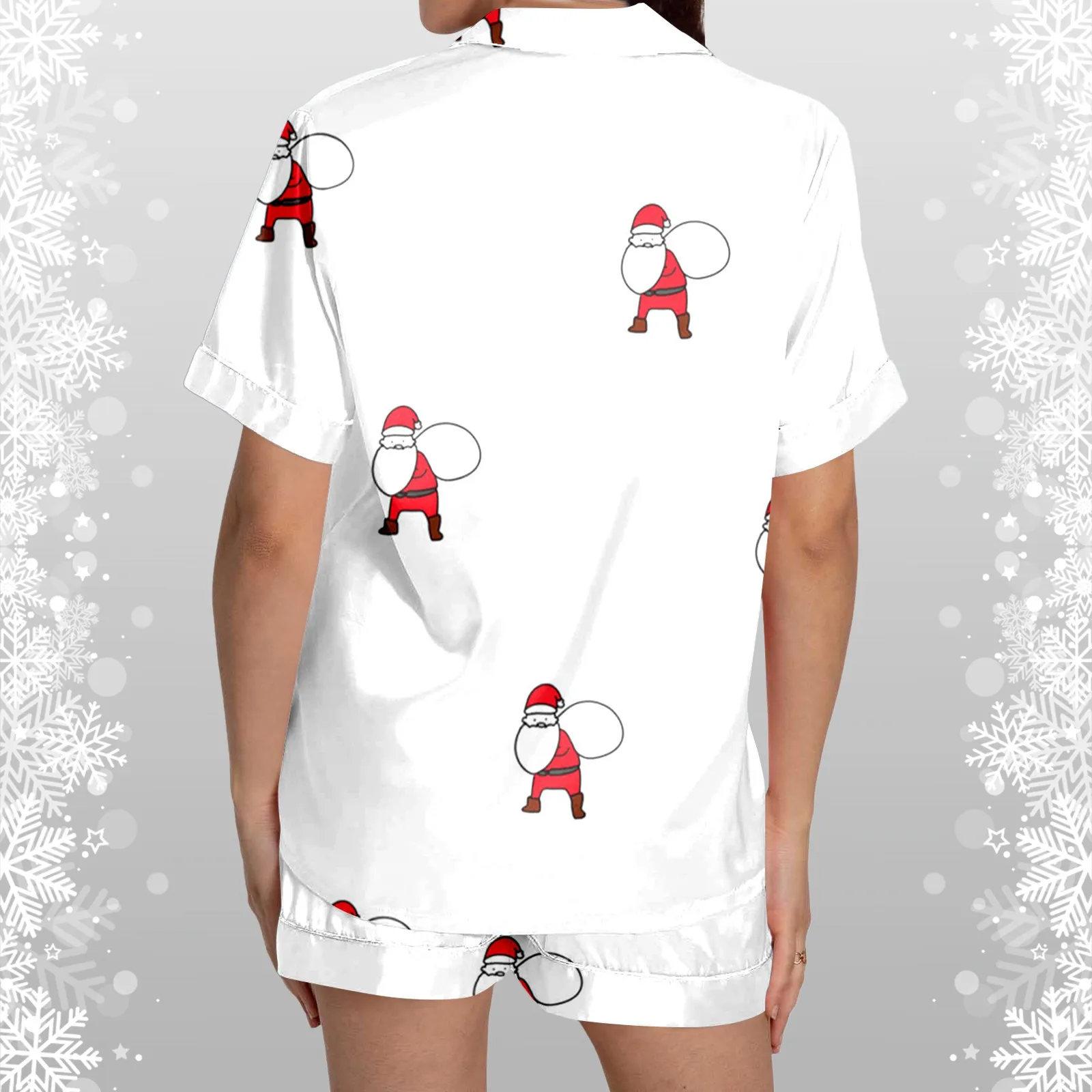 Ladies\' Casual And Fashionable Snowman Santa Star Christmas Print Silk Satin Short Sleeved Button Crop Top Pajama Set for Women