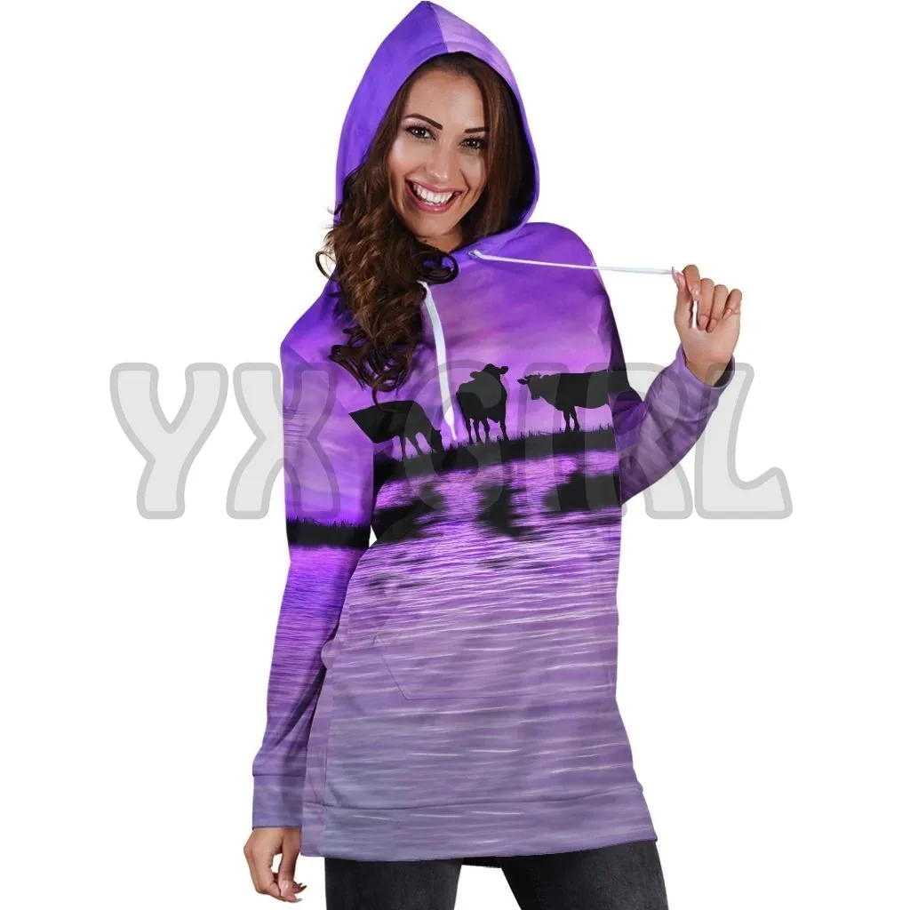 YX GIRLSunset and Cow Violet Backgroud 3D Printed Hoodie Dress Novelty Hoodies Women Casual LongSleeve Hooded Pullover Tracksuit