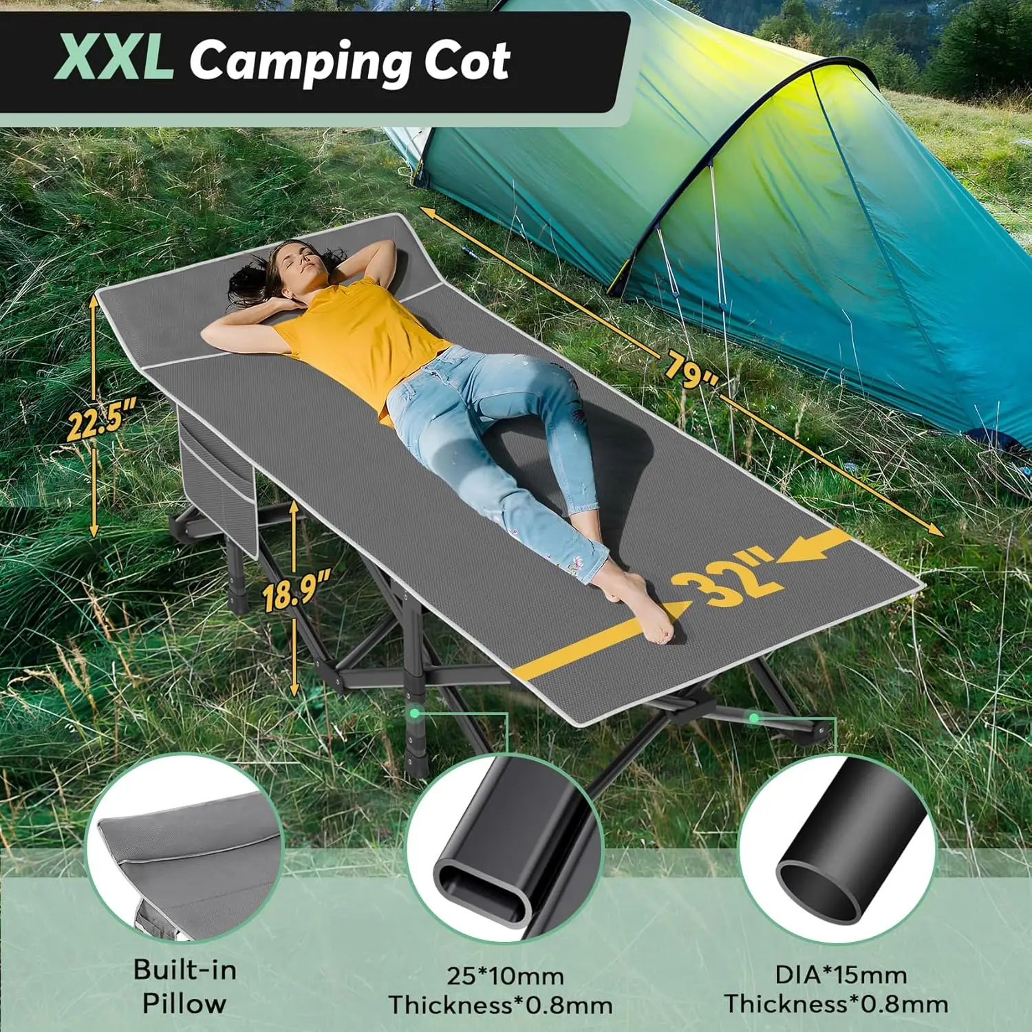 Oversized XXL Camping Cot, Folding Cot for Adults, 79