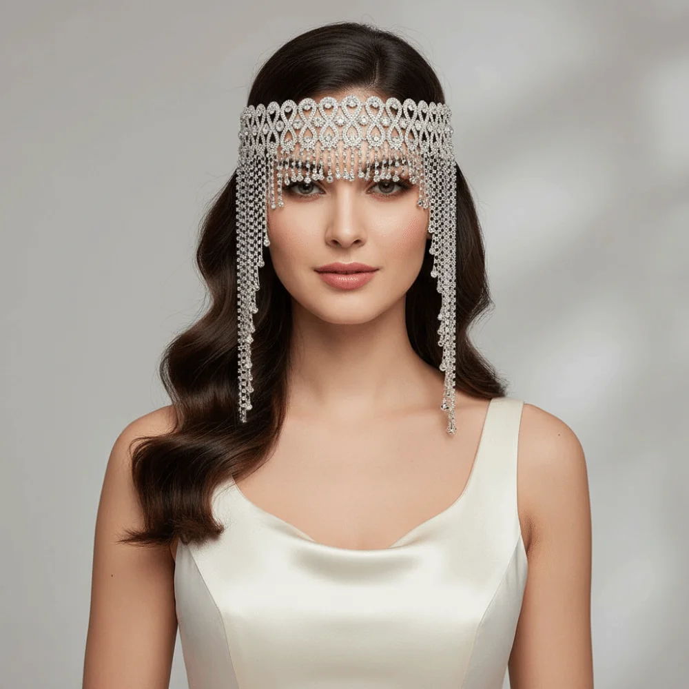 Long Tassel Rhinestone Headdress Luxury Silver/Gold Sparkling Tiara Headdress Hollowed Handmade Tassel Hair Chain Wedding Party
