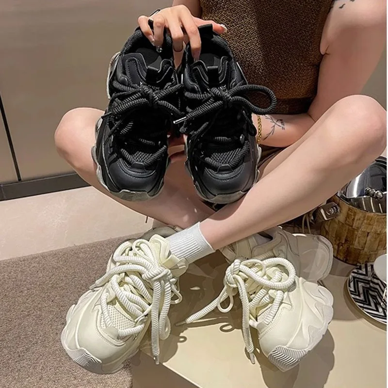 Black Platform Women's Sneakers 2024 Spring Lace-Up Thick Bottom Vulcanize Shoes Woman Pu Leather Breathable Sports Shoes Ladies