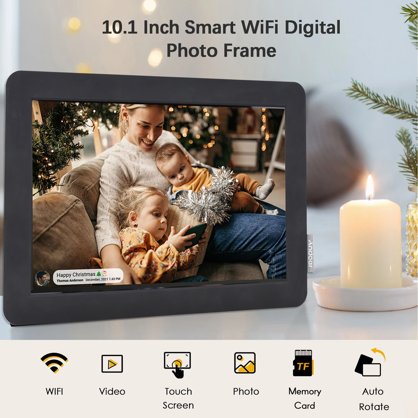 10.1-Inch WiFi Digital Photo Frame Cloud Digital Picture Fram Screen Touch Control 16GB Storage Auto Rotation Share Photos APP