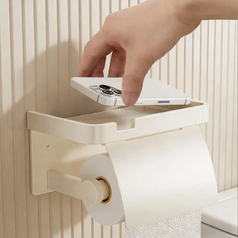Portarrollos de Papel Higiénico Blanco Crema, Soporte de Pared Sin Perforaciones, Organizador de Baño para el Hogar