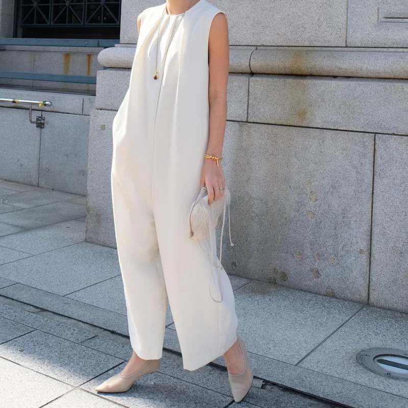 High Quality Sleeveless Wide Leg Pants Summer O Neck Chic Ruched Design Jumpsuit Women Solid Casual High Waist Jumpsuits