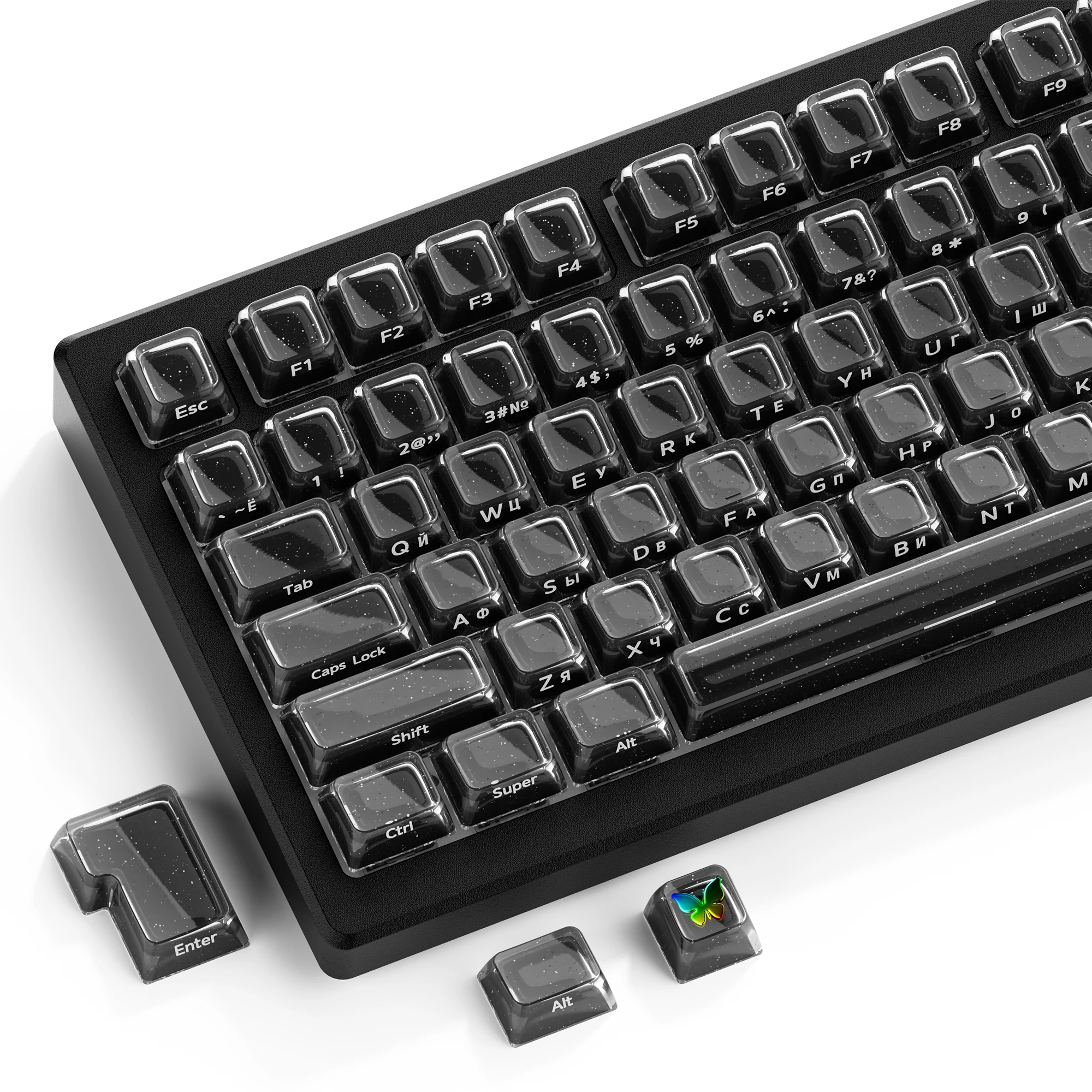 Black Glitter Crystal Russian Keycaps Backlit Translucent PC Keycaps for MX Switch Mechanical Keyboard Custom Gaming Keycaps
