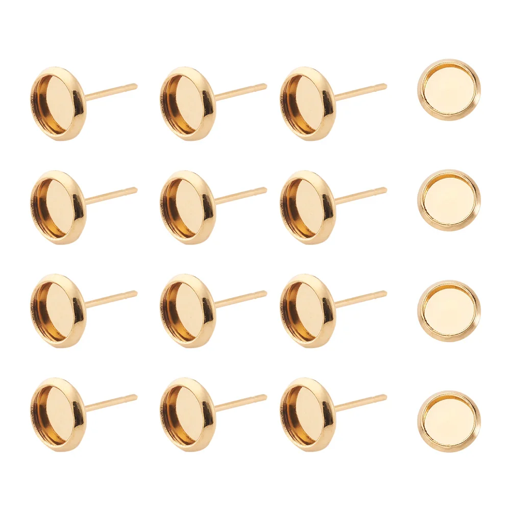 300Pcs 304 Stainless Steel Stud Earring Cabochon Settings Flat Round Golden Color Post Cup For DIY Ear Jewelry Making Findings