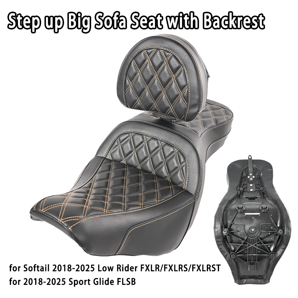 Motorcycle Step up Big Sofa Seat Two-step with Small Backrest Pad for Softail 2018-2025 Low Rider FXLR/FXLRS/FXLRST Sport Glide