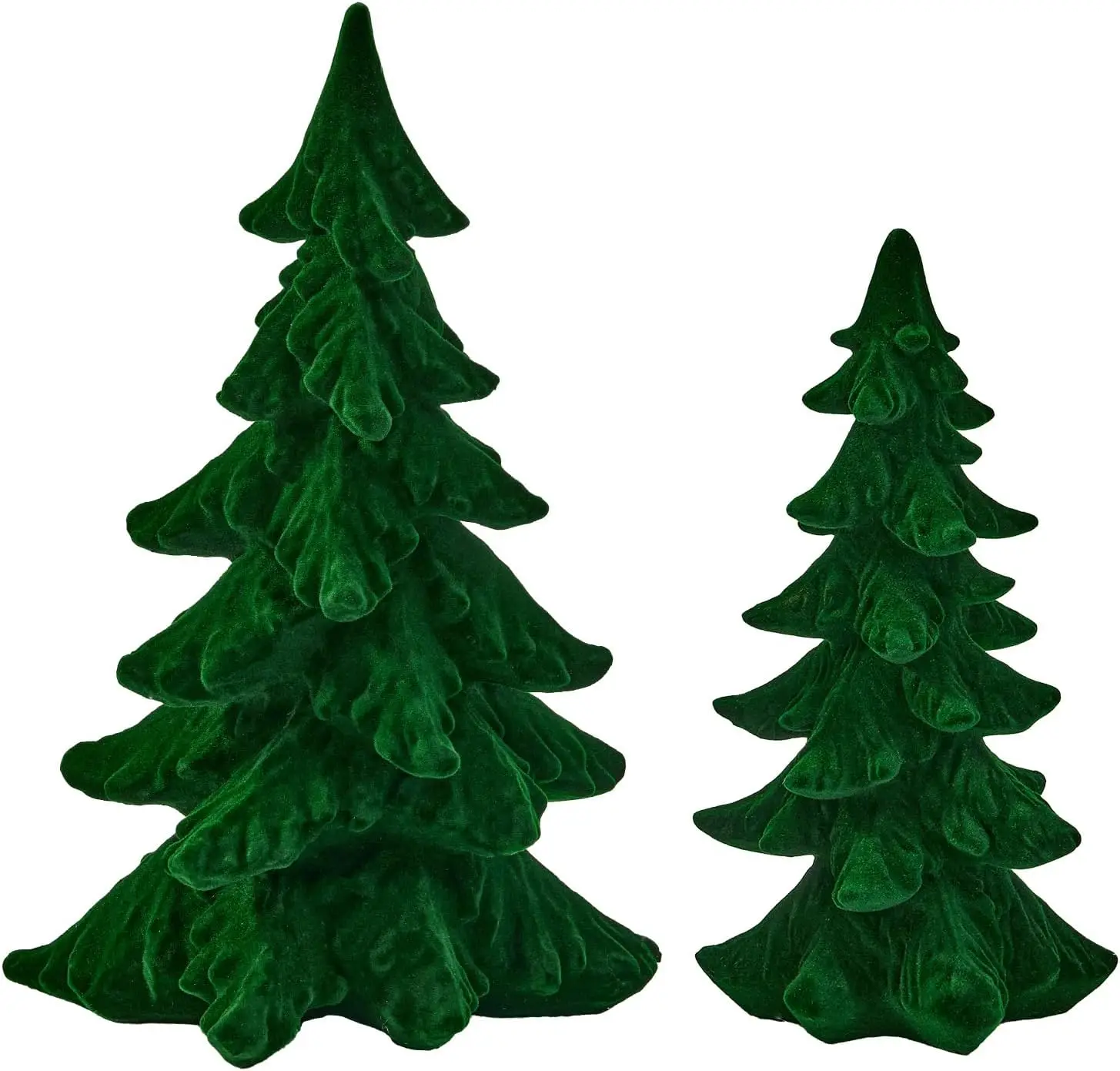 

Green Velvet Christmas Tree Figurines, Set of 2, Small Resin Pine Trees for Table Centerpieces, Fireplace, Mantel, Holiday Decor